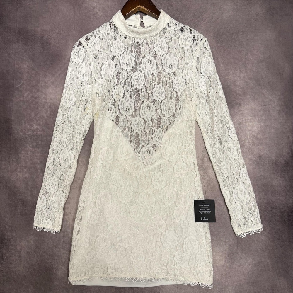 NEW Lulus Dress Women Size Medium White Lace Bodycon Mini Mock Neck Long Sleeve